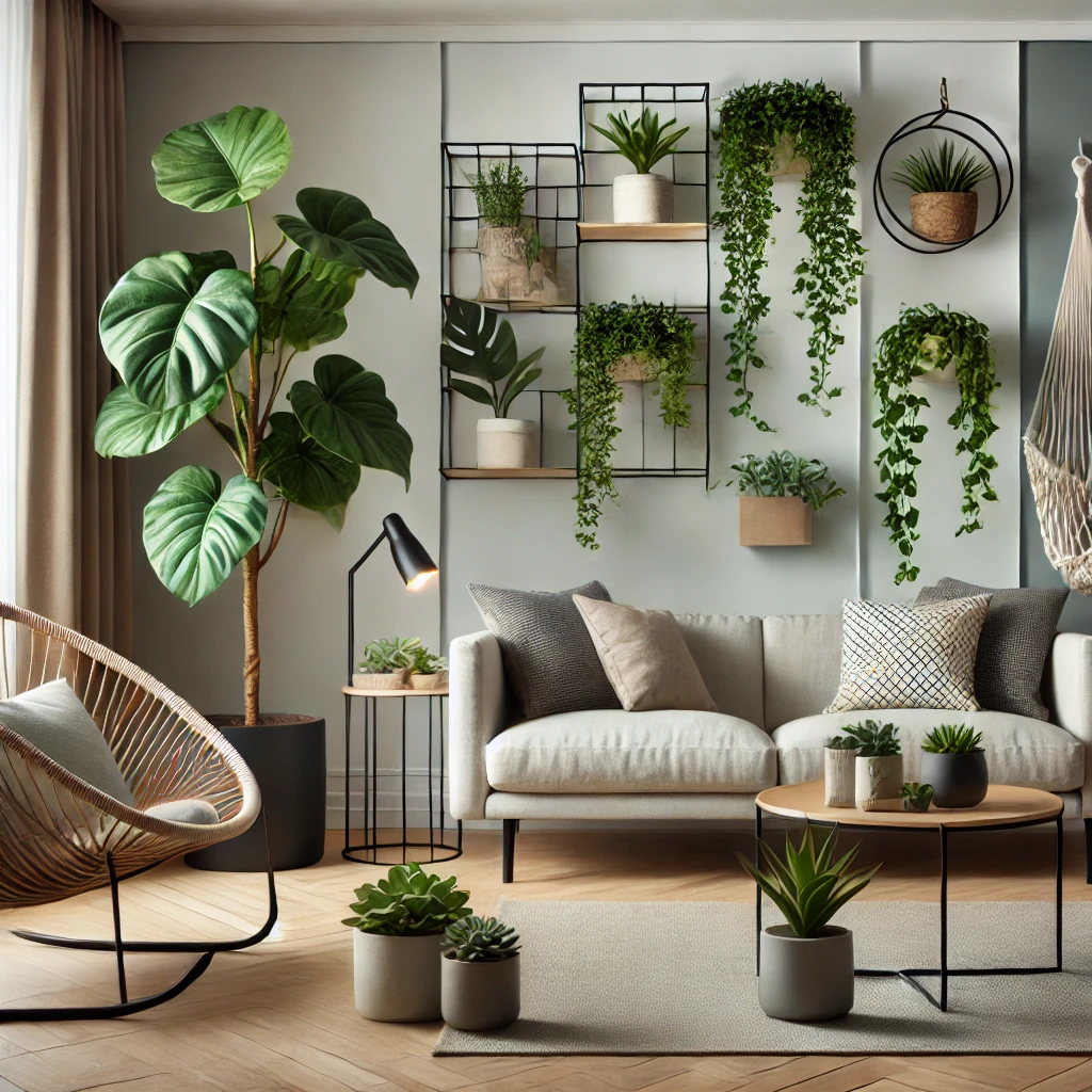 A modern living room with a minimalist aesthetic, featuring five creative placements of faux plants_ a large fiddle leaf fig in a woven basket